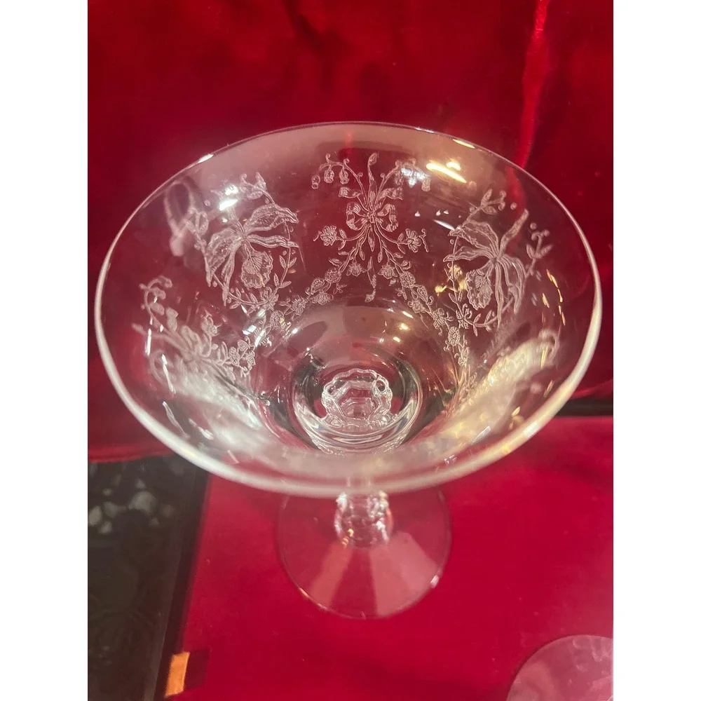 Vintage Fostoria Orchid Etched Crystal‎ Champagne Coupe Glasses Set of 3 5.5